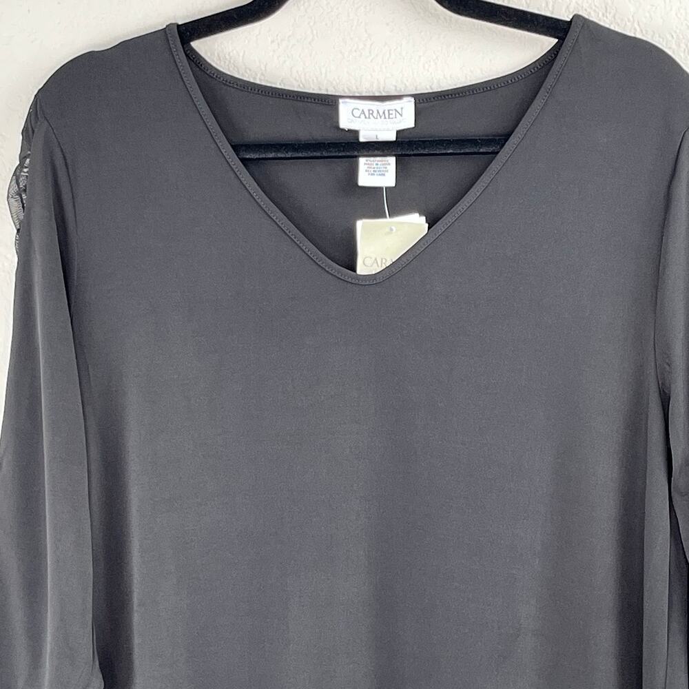 Carmen Marc Valvo Black V-Neck Sheer Mesh Sleeve Blouse NWT Large - Picture 4 of 11